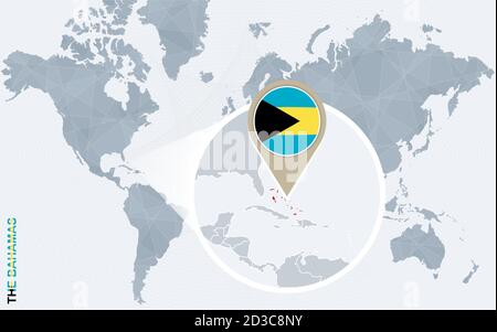 Abstrakte blaue Weltkarte mit vergrößerten Bahamas. Die Bahamas Flagge und Karte. Vektorgrafik. Stock Vektor