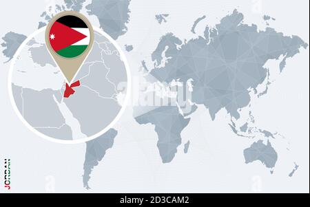 Abstrakte blaue Weltkarte mit vergrößerten Jordanien. Jordanien Flagge und Karte. Vektorgrafik. Stock Vektor