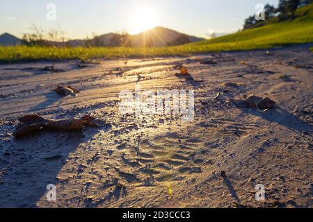 Nahaufnahme des Fußabdrucks des Wanderschuhs im Schlamm auf dem Landweg mit Sonnenuntergang im Hintergrund. Wanderausrüstung, Outdoor-Aktivitäten und Lifestyle-Konzepte Stockfoto