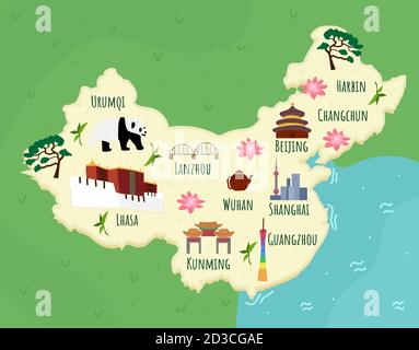 Cartoon-Karte von China. Reisebilder mit kineesischen Wahrzeichen, Gebäuden, Lebensmitteln und Pflanzen. Lustige Touristen Infografiken. Nationale Symbole. Berühmt Stock Vektor