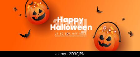 Happy halloween Hintergrund Vorlage mit schrecklichen Gesicht Kürbis und Farbe Süßigkeiten, Fledermäuse mit Text auf orangenen Hintergrund. Stock Vektor