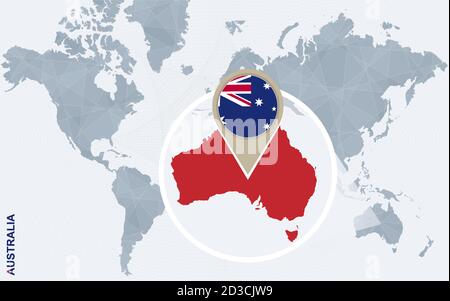 Abstrakte blaue Weltkarte mit vergrößerten Australien. Vektorgrafik. Stock Vektor