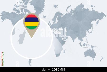 Abstrakte blaue Weltkarte mit vergrößerter Mauritius. Mauritius Flagge und Karte. Vektorgrafik. Stock Vektor