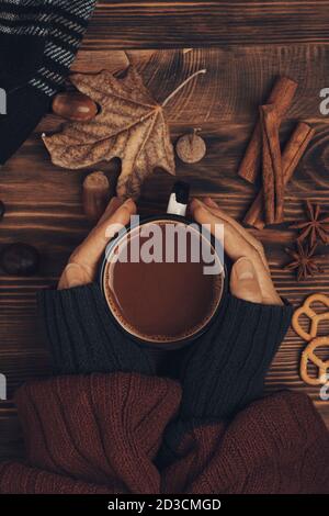 Draufsicht Komposition mit jungen Frauenhänden in rot-blauem Pullover, vintage gestylte Tasse heiße Schokolade und Herbst-Themen Dekoration aus Herbstblättern, Stockfoto