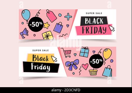 Black friday Banner Set mit Doodle-Elementen, Vektor-Illustration Stock Vektor