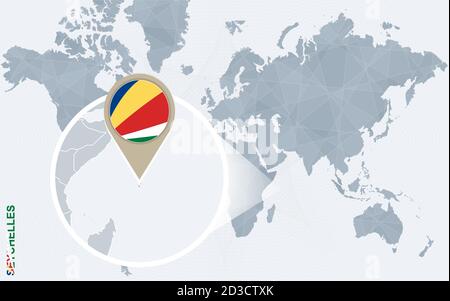 Abstrakte blaue Weltkarte mit vergrößerten Seychellen. Seychellen Flagge und Karte. Vektorgrafik. Stock Vektor
