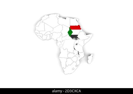 Afrika 3d Karte mit markierten Grenzen - Sudan Gebiet markiert Mit Sudanflagge - isoliert auf weißem Hintergrund - 3D Abbildung Stockfoto