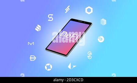 Realistisches isometrisches Smartphone mit defi dezentralen Finanztext und Münzen Symbole rund um auf einem hellen Hintergrund. Stockfoto