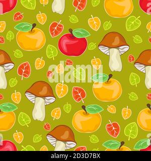 Rote, grüne und gelbe Äpfel, Pilze und Blätter nahtlose Muster, Cartoon Handzeichnung, bunte Herbst Hintergrund. Für Stoff-Design, Textil-prin Stock Vektor