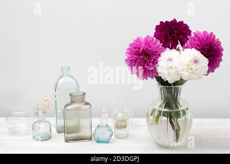 Bouquet von lila und weißen Herbst-Dahlien in Vase auf weißem Hintergrund. Speicherplatz kopieren. Stillleben.die Flaschen in verschiedenen Formen Stockfoto