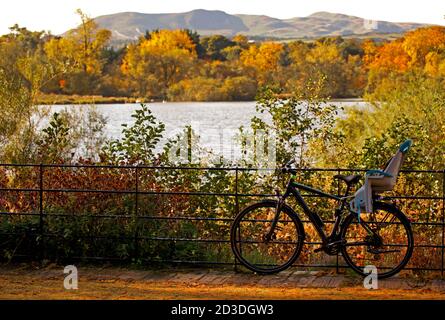 Duddingston, Edinburgh, Schottland, Großbritannien. Oktober 2020. Herbstfarben beginnen sich in der Sonne am Duddingston Loch, Holyrood Park zu zeigen. Temperatur von 9 Grad. Abgebildet Erwachsene Fahrrad mit Kindersitz an Geländer mit loch und die Pentland Hills im Hintergrund gelehnt. Quelle: Arch White/Alamy Live News Stockfoto