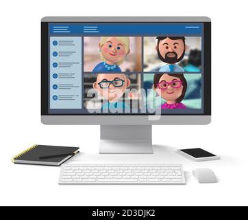 Glückliche Mitglieder des Remote-Geschäftsteams treffen sich online auf dem Desktop 3D-Zeichendarstellung der Anwendung Stockfoto