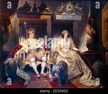 König Christian VIII. Von Dänemark (1786-1848) und seine Gemahlin, Königin Caroline Amalie (1796-1881), in Salbungskostümen bei seiner Krönung am 28. Juni 1840, Porträtmalerei von Joseph Desire Court, 1840-1841 Stockfoto