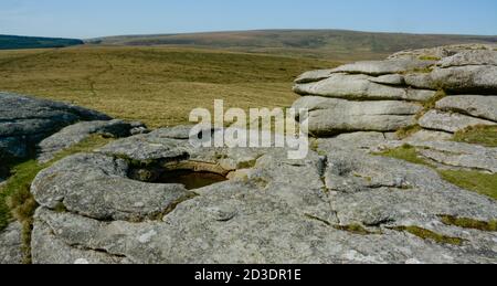 Natürlich geformtes Rock Basin am Kestor Rock am Dartmoor Stockfoto