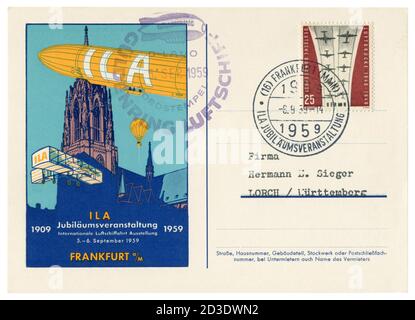 Frankfurt, DEUTSCHLAND – 6. September 1959: Historische Postkarte: 50 Jahre Internationale Luft- und Raumfahrtausstellung ILA Air Show, Westdeutschland Stockfoto