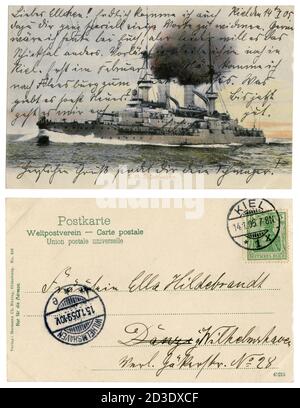 Deutsche historische Postkarte: SMS Schwaben (1901) viertes Schiff der Wittelsbacher Klasse von Vorrastalnought-Schlachtschiffen der deutschen Reichsmarine. 1905 Stockfoto