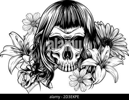 Mädchen mit Skelett bilden handgezeichnete Vektorskizzen. Stock Vektor