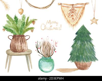 Moderne Boho Elemente des Innenraums. Home Dekor Macrame, Körbe mit Ästen, Holztisch und Stuhl isoliert auf weißem Hintergrund Stockfoto