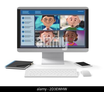 Verschiedene Mitglieder des Remote-Geschäftsteams treffen sich online auf dem Desktop Anwendung glücklich 3d Zeichen Illustration Stockfoto