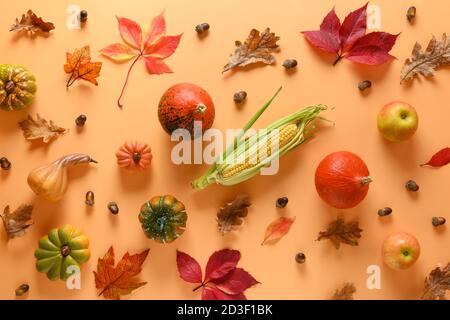 Muster der Herbsternte, Kürbisse, Äpfel, bunte Herbstblätter auf orangefarbenem Hintergrund. Thanksgiving und Halloween. Blick von oben. Stockfoto