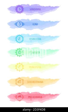 Vektor-Illustration von sieben Chakra-Symbole und Aquarell-Blots. Farbbild auf weißem Hintergrund. Stock Vektor