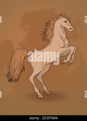 Vektor handgezeichnete Illustration mit Aufzucht Pferd auf texturiertem Hintergrund. In beigefarbenen Farben. Stock Vektor