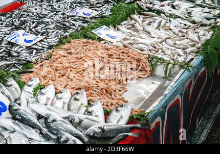 Türkische Bauernmarkt. Auswahl an frischem Fisch und Garnelen mit Preis auf dem Zähler Stockfoto