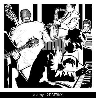 Jazzband mit Gitarre, Kontrabass, Klavier, Saxophon und Keyboard - Vektorgrafik Stock Vektor