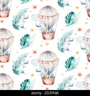 Niedliche Baby Tier und Luftballon nahtlose Muster, Bär Krokodil Illustration für Kinder Kleidung. Luftballons Woodland Aquarell von Hand gezeichnet boho Stockfoto