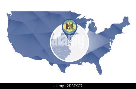 Delaware State vergrößert auf der Karte der Vereinigten Staaten. Abstrakte USA Karte in blauer Farbe. Vektorgrafik. Stock Vektor