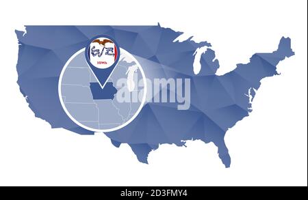 Iowa State vergrößert auf der Karte der Vereinigten Staaten. Abstrakte USA Karte in blauer Farbe. Vektorgrafik. Stock Vektor