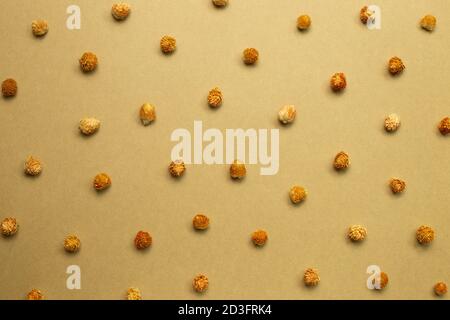 Trockene Globe Amaranth Blumen auf braunem Kraftpapier. Florale Muster Hintergrund Stockfoto