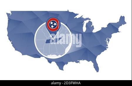 Tennessee State vergrößert auf der Karte der Vereinigten Staaten. Abstrakte USA Karte in blauer Farbe. Vektorgrafik. Stock Vektor
