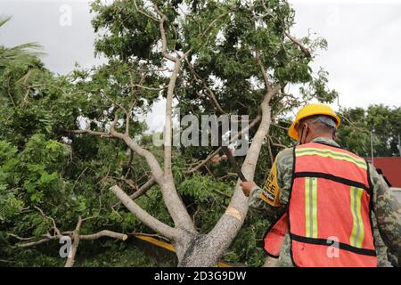 CANCUN, MEXIKO - 7. OKTOBER: Ein Militär versuchen, einen Baum von der Straße, die aufgrund der Tatsache, dass Hurrikan Delta, erreichen Kategorie 3 auf der Saffir-Simpson Skala gefallen wurde, erreichte die Küste von Quintana Roo zu entfernen, Was Überschwemmungen, umgestürzte Bäume und mehrere Häuser betroffen verursacht hat, wird geschätzt, dass Hurrikan Delta seinen Weg nach Louisiana, USA, fortsetzen wird. Am 7. Oktober 2020 in Cancun, Mexiko (Foto von Eyepix Group/Pacific Press) Stockfoto