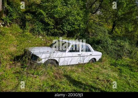 Altes, verlassenes weißes Mercedes-Benz-Auto, umgeben von Gras, in der Nähe des Dorfes Genat, Tarascon sur Ariege, Ariege, Frankreich Stockfoto