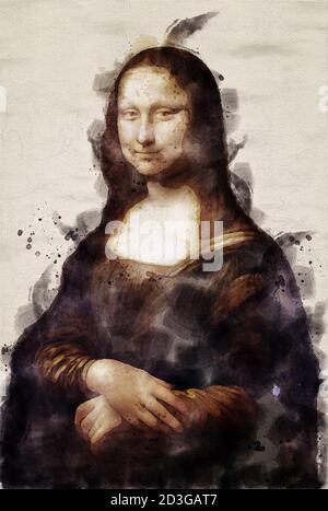 Mona Lisa - Leonardo da Vinci. Neuzeichnen mit einem Aquarell. Stockfoto