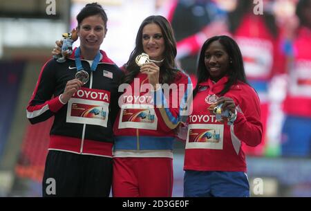 Jennifer Suhr aus den USA , Yelena Isinbajewa aus Russland und Yarisley Silva aus Kuba Podium Polsprung Frauen beim Championnat du Monde Athlétisme 2013, am 12 2013. August in Moscou - Foto Laurent Lairys / DPPI Stockfoto