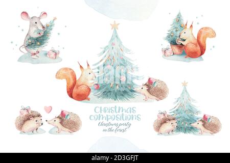 Set von Weihnachten Woodland Wald Cartoon Igel, niedlichen Eichhörnchen, Maus, Hase Hase Tier Charakter. Winter Waschbär weihnachtsbaum florale Elemente Stockfoto