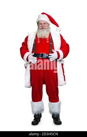 Realistischer Santa Claud mit Händen am Bauch. Stockfoto