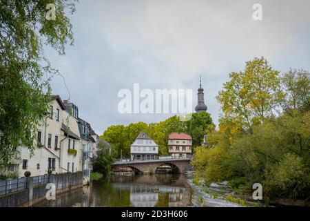 Reisen, Deutschland, Rheinland Pfalz, Bad Kreuznach, Innenstadt, Oktober 08. Die Brückenhäuser aus dem 15. Jahrhundert auf der Alten Nahebrücke in Bad Stockfoto