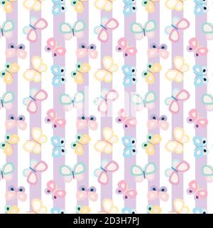 Vektor-Muster Hintergrund mit Streifen und niedlichen zufällig Pastell Schmetterlinge. Stock Vektor
