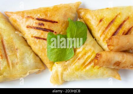 Arabische Hühnerbriwats auf weißem Teller Stockfoto