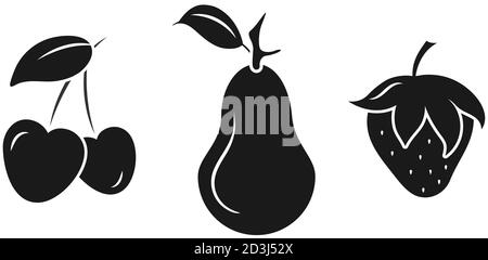 Satz von Symbolen in Schwarz. Garten Früchte weißen Strich Silhouetten. Handgezeichnete Bilder Stock Vektor