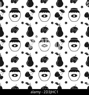 Nahtloses Muster aus Gartenfrüchten, Birne, Kirsche, Erdbeere und Konfitüre. Schwarze Silhouetten mit weißen Striche auf weißem Hintergrund Stock Vektor