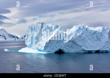 Ein schöner blauer Eisberg, der in der Antarktis schwimmt. Stockfoto