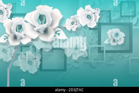 3d-Tapete mit weißesten Blume und aqua Farbe schönen Hintergrund Stockfoto