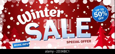 Set helle horizontale Sale Banner auf rotem Hintergrund mit Schneeflocken. Text - Winterangebot, Sonderangebot. Bis zu 50 aus. Letztes Angebot. Schnee Vektorgrafik. Stock Vektor