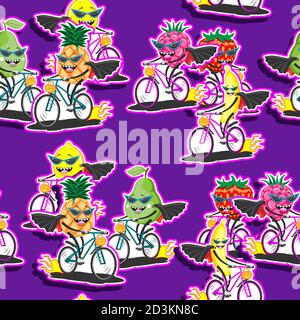 Nahtlose Cartoon Obst-Muster Reiten ein Halloween-Fahrrad auf lila Hintergrund. Vektorbild Stock Vektor