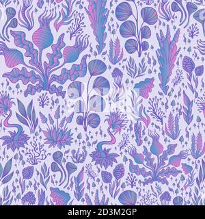 Bunte dekorative Fantasy-Pflanzen nahtlose Muster, Farbverlauf rosa blau, isoliert auf lila Hintergrund. Stock Vektor