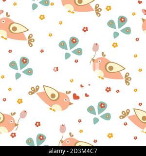 Nahtlose Muster mit lustigen Vögel auf dunklem Hintergrund. Vector Illustration Stock Vektor